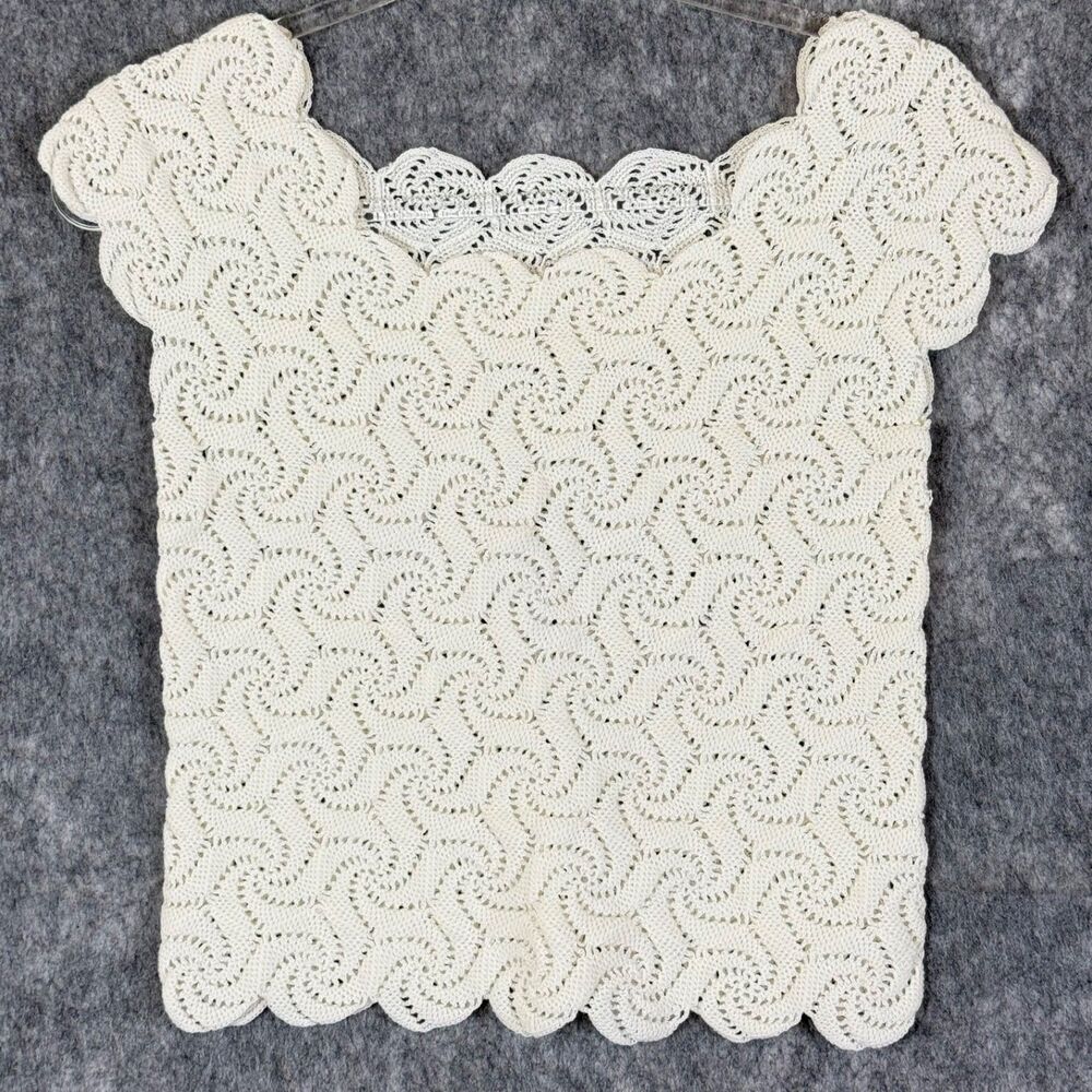 Vtg 80's 90s Handmade Crochet Top Off White Cap Sleeve Square Neck Pinwheel S/XS